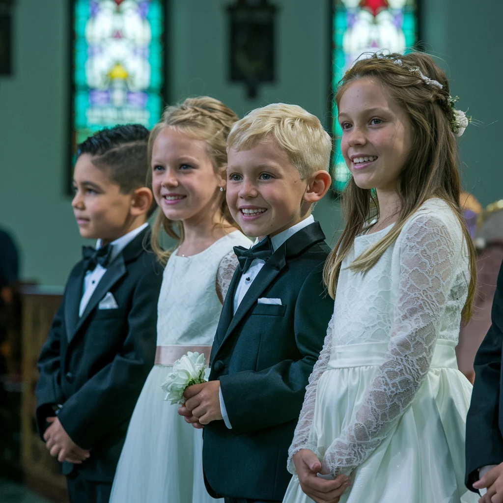 Kinderen in bruidskleding tijdens een huwelijksceremonie in de kerk